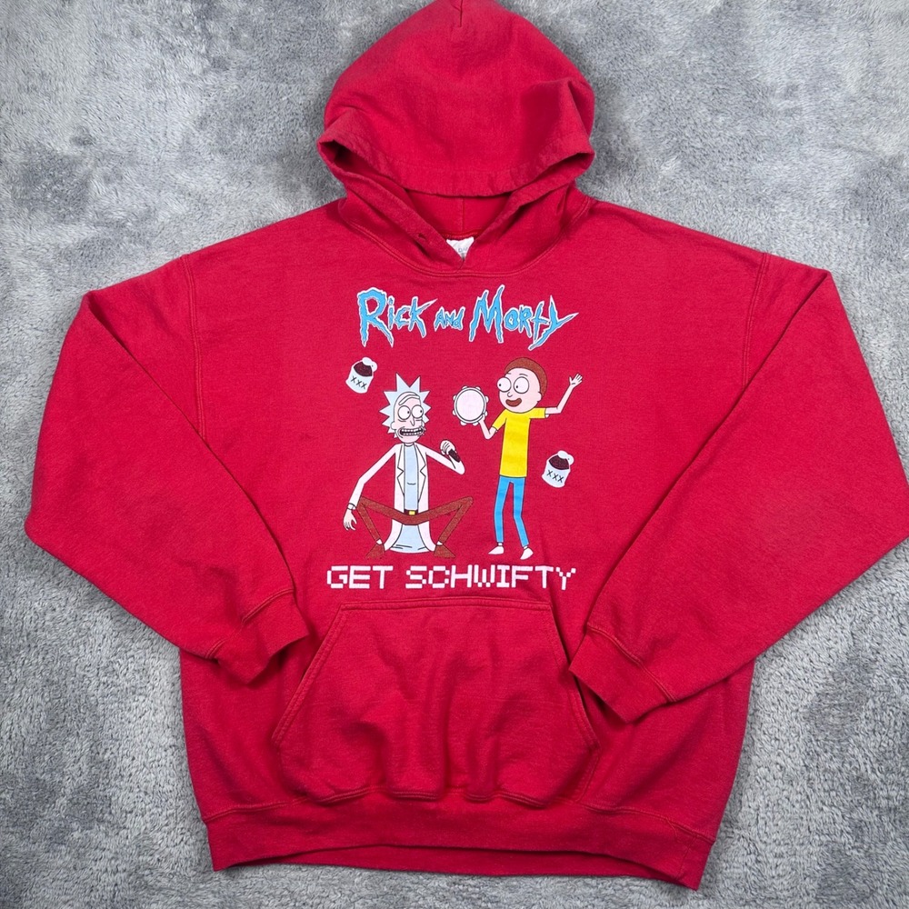 Gildan‎ Rick and Morty Hoodie Mens Large Red Get Schwifty Graphic Sweatshirt